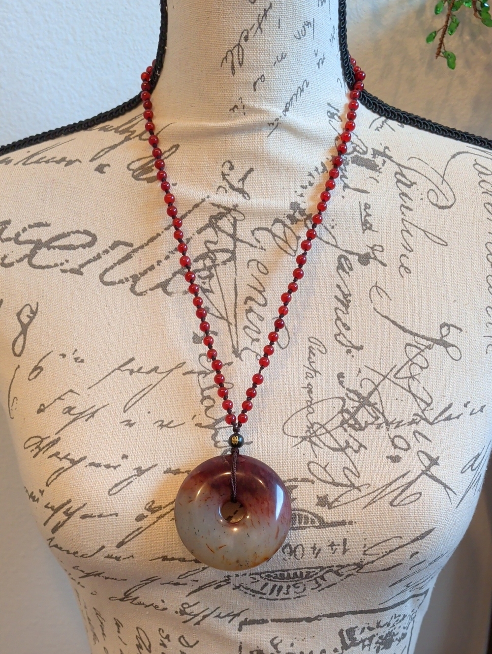 Red Bead Necklace with Jade Brown-Red Donut Pendant